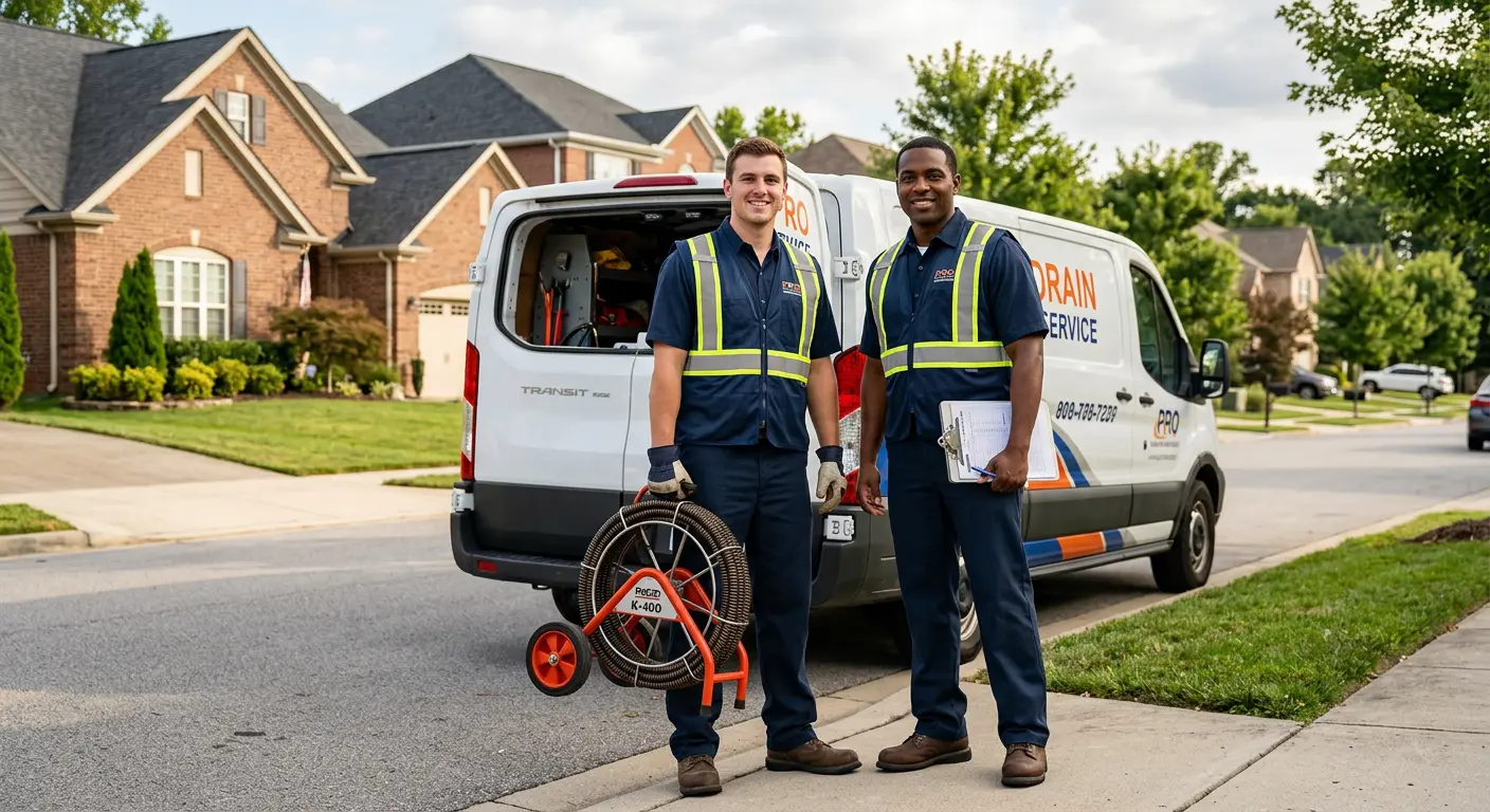 Sewer and drain service team with equipment ready for work in Lake Ridge
