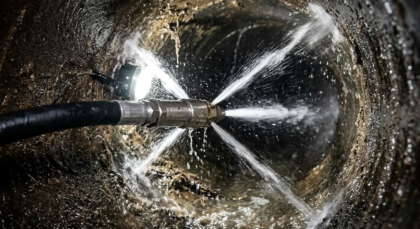 High-pressure hydro jetting nozzle cleaning sewer pipe for Emergency Drain Service in Lake Ridge