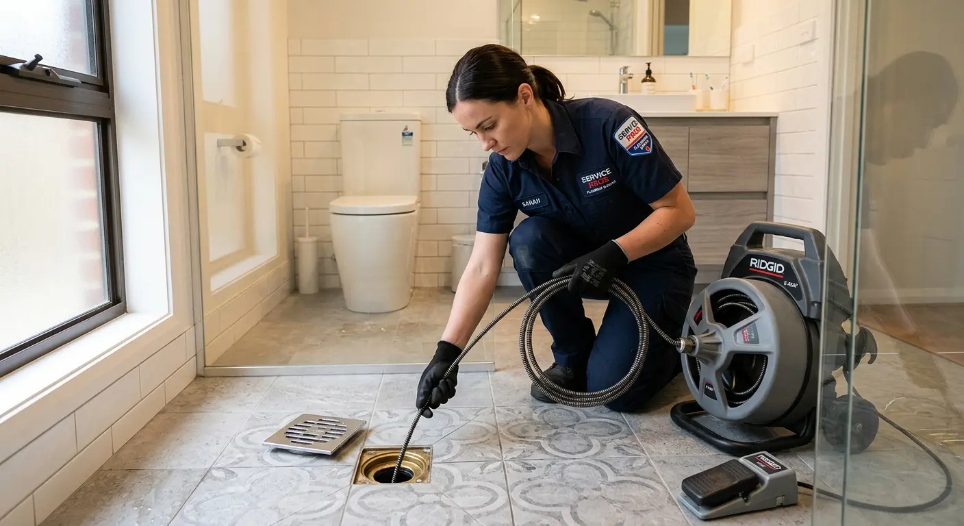 Technician clearing a bathroom floor drain for Drain Repair in Lake Ridge